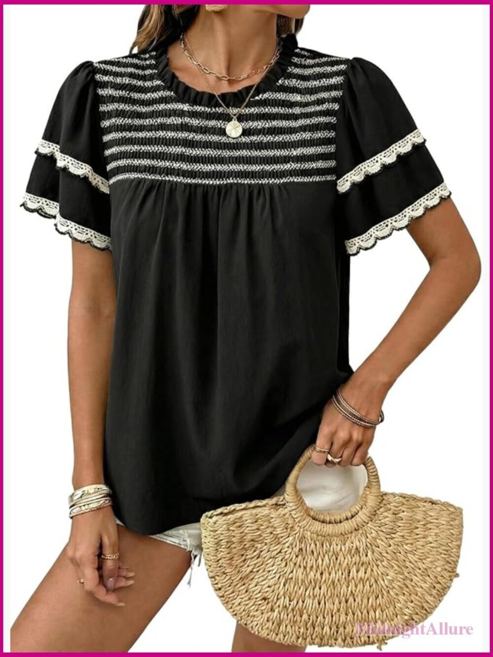 Crewneck Ruffle Short Sleeve Blouse Flowy Boho Top